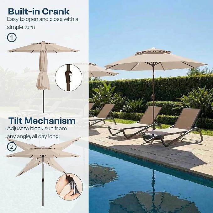Patio Umbrella, 2 Tier Outdoor Table Umbrella, Large Vented Market Umbrellas with Push Button Tilt and Crank, 8 Sturdy Ribs for Backyard, Deck, Pool, UPF50+ UV Protection