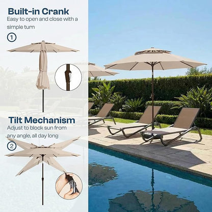 Patio Umbrella, 2 Tier Outdoor Table Umbrella, Large Vented Market Umbrellas with Push Button Tilt and Crank, 8 Sturdy Ribs for Backyard, Deck, Pool, UPF50+ UV Protection