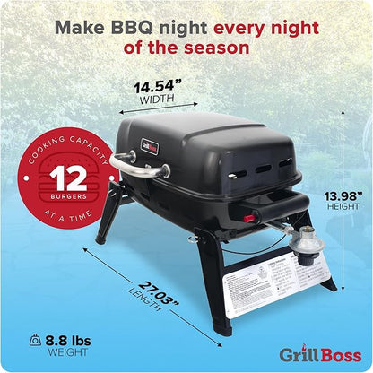 Grill Boss 1 Burner Portable Gas Grill, 10,000 BTU Propane Tabletop BBQ with Porcelain Coated Grate for Camping, Patio, and Outdoor Cooking, Black