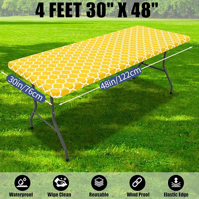 Smiry 2 Pack Rectangle Table Cloth 4 Foot, Waterproof Elastic Fitted Tablecloths, Windproof Washable Polyester Table Cover for Picnic, Camping, Outdoor (Yellow, 30"x48")