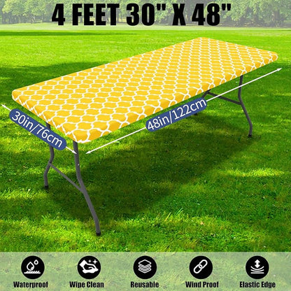 Smiry 2 Pack Rectangle Table Cloth 4 Foot, Waterproof Elastic Fitted Tablecloths, Windproof Washable Polyester Table Cover for Picnic, Camping, Outdoor (Yellow, 30"x48")