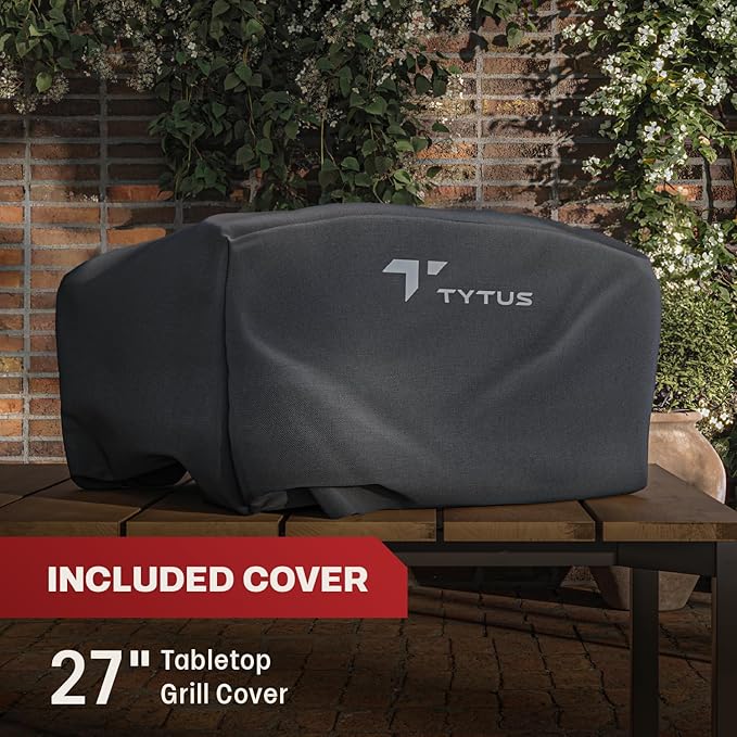 TYTUS Tabletop Pellet Smoker and Cover, 285 Sq. In Cooking Area between Main & Warming Rack, Digital Temp Dial, Electric Start with Porcelain Enameled Steel Grates
