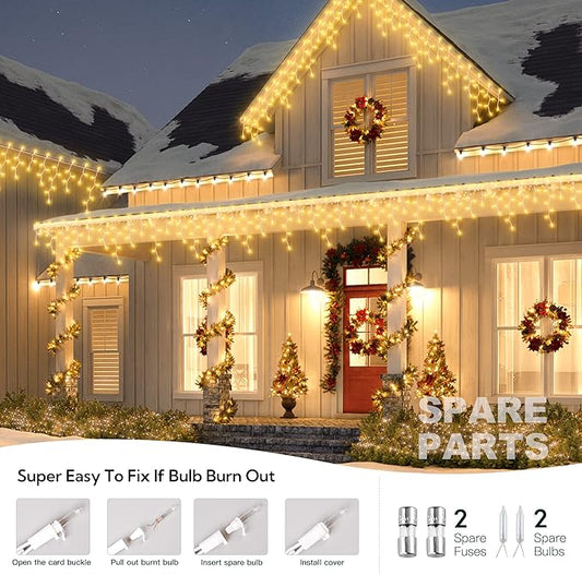 200 Christmas Icicle Lights, Warm White Clear Bulbs with 23FT Long White Wire, Professional Grade String Lights for Indoor & Outdoor,Xmas,Party, Patio, Courtyard, Window, Fence, Trees Decor