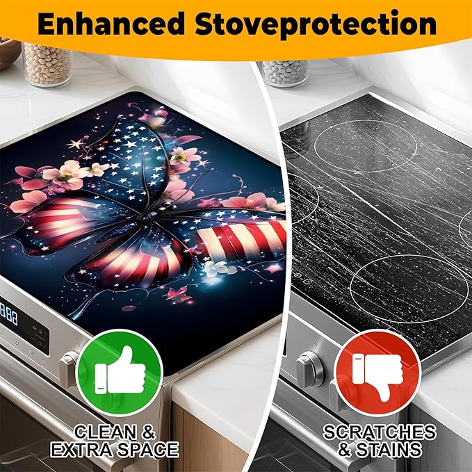 Patriotic Stove Top Cover, Heat Resistant Electric Stove Protector Mat, Large Diatomite Kitchen Counter Mat, Independence Day Decor American Flag Kitchen Accessory (butterfly-2, 28x20 Inch)