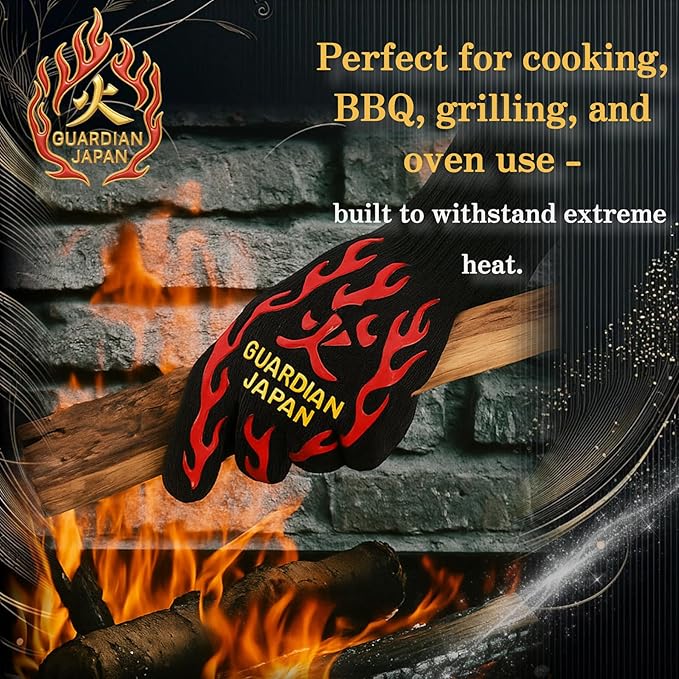 Premium Heat Resistant BBQ Gloves – Fireproof 1472°F Aramid Grill Mitts for Barbecue, Smoker, Campfire, Fire Pit, Oven, Japanese Supervised Design (炎-HONO-Red, L)