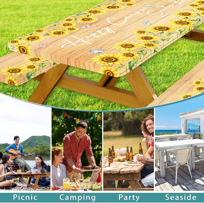 Sunflower Wood Picnic Table Cover with Bench Covers Elastic Edges | Floral Fitted Table Cover, 30x60 Inch 3PCS Outdoor Patio Camping Essentials, Waterproof Camping Fitted Tablecloth and Bag