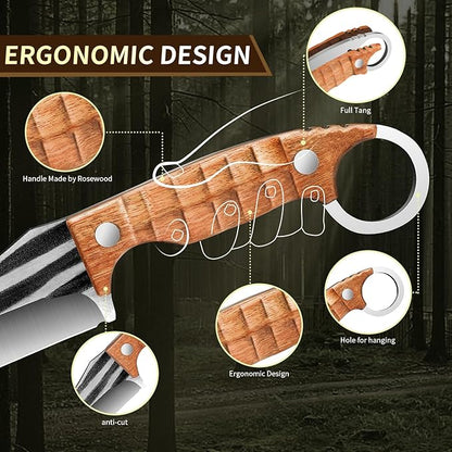 Plys Camping Knife 4” Fillet & Bushcraft, Fixed Blade Hunting Knives, Full-Tang Blade, Ergonomic Rosewood Handle with Finger Guard, Outdoor/Hiking/BBQ, Lanyard Hole, Gift Box