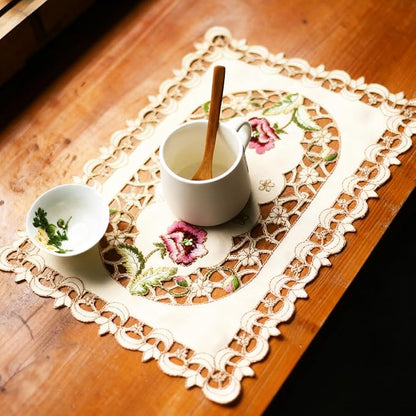 LeLehome Set of 4 Flower Embroidered Placemats, Oblong Rufous Flower Rose Lunchmats Place Mats, Home Kitchen Dining Restaurant Party Indoor Decor Table Mats, 18 Inch X 12 Inch