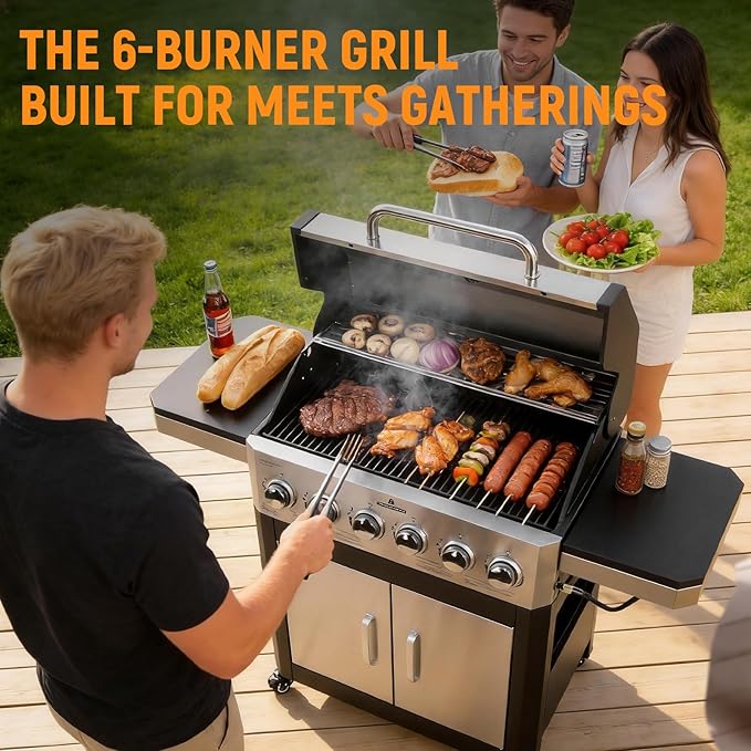 6-Burner Propane Gas Grill with 60000 BTU, Heavy Duty Cast Iron Cooking Grates Stainless Steel Warming Rack and Side Tables, BBQ Grill for Outdoor Backyard Cooking and Patio Parties, Black