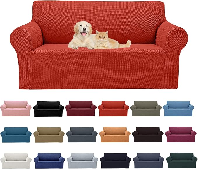 Cupuamon 2026 New Stretch Loveseat Sofa Slipcovers Couch Cover for 2 Cushion Furniture Protector Sofa Covers with Elastic Bottom Jacquard Fabric Small Checks for Pets, Kids - Pureed Pumpkin