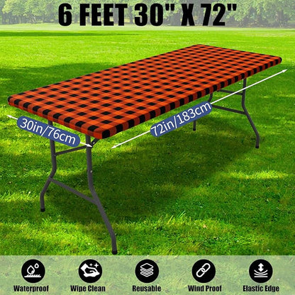 Smiry Picnic Table Cloth 2 Pack, Waterproof Elastic Fitted Tablecloths for 6FT Rectangle Tables, Washable Polyester Buffalo Plaid Tablecloth for Camping, Dining & Outdoor (Black & Orange, 30" x 72")