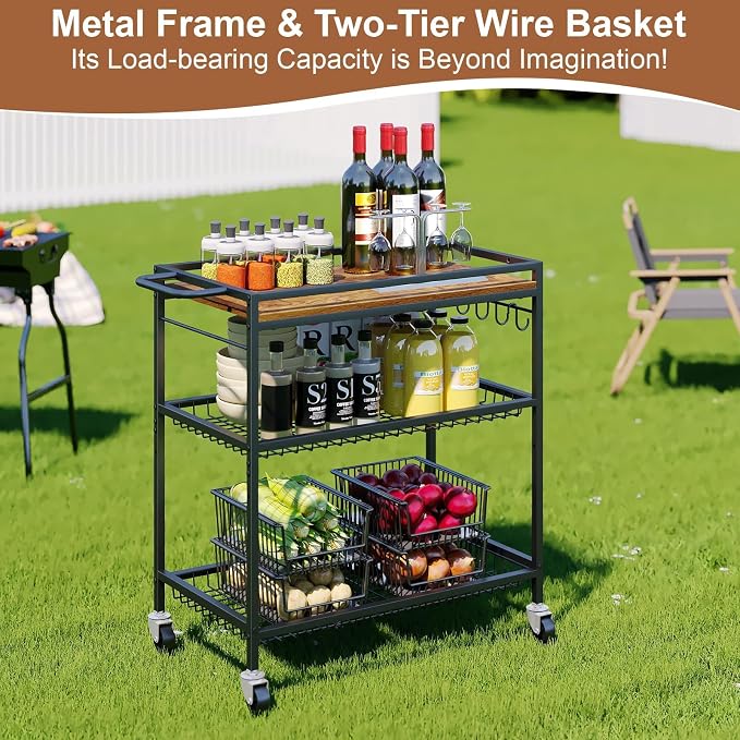 Microwave Kitchen Cart – 3 Tier Rolling Kitchen Utility Cart for Microwave Table Stand, Coffee Cart, Bar Cart, Kitchen Appliance Storage with Adjustable Shelf & Lockable Wheels, 34.25" L x 33.46" H