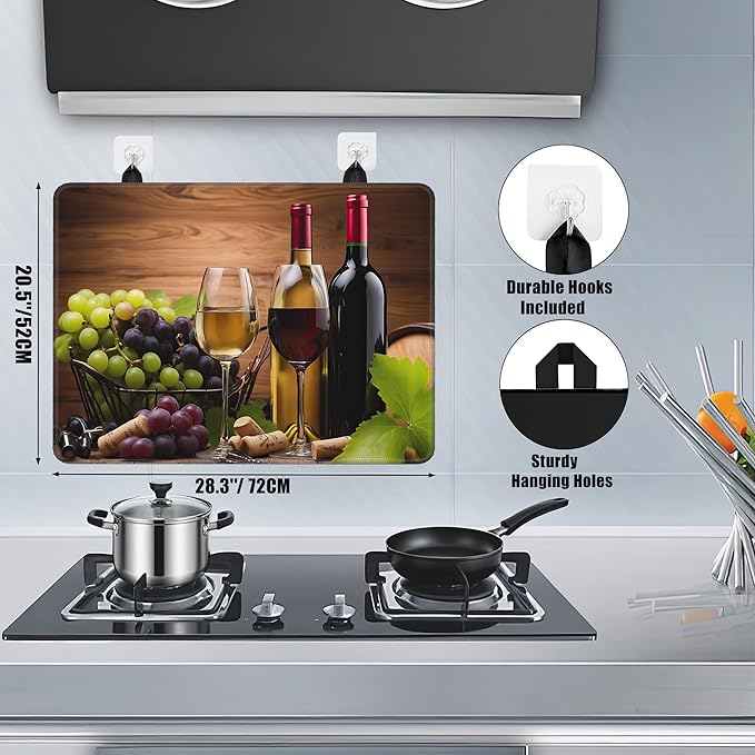 Wine Glasses Glass Top Stove Cover Protector,Farmhouse Grape Wine Bottle Stove Top Covers for Electric Stove,Washable Heat Resistant Cooktop Mat Anti-Slip Range Covers, 28 x 20 Inch