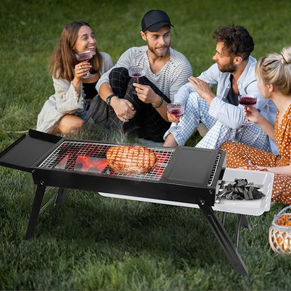 Generic Portable Foldable BBQ Griddle, Outdoor Camping Barbecue Grill, Iron-Plated, Charcoal Drawer, for Outdoor Camping Hiking Picnics Traveling, 34.25in x 8.85in x 12in LxWxH (Ship From US), Black