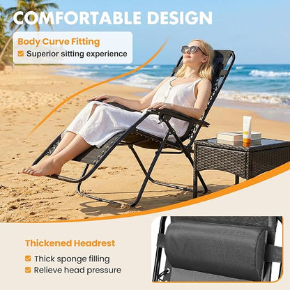 Zero Gravity Chair Set of 2, Adjustable Folding Reclining Lounge Chairs with Mesh Back, Adjustable Pillows & Cup Holder Trays, Outdoor Patio Lawn Chairs for Pool, Beach & Camping, Black