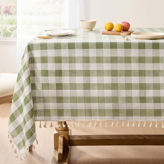 Softalker Outdoor Checkered Tablecloth Rectangle, Spring Summer Linen Cotton Gingham Table Cloth with Tassel, Heavy Duty Wrinkle Free Buffalo Plaid Table Cover for Picnic Camping - 55 x 102 Inch, Sage