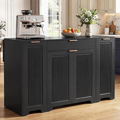 YITAHOME Expandable Kitchen Island with Hidden Trash Cabinet, 55.1" Rolling Kitchen Island with Drop Leaf, Storage Drawer & 3-Tier Side Shelves, Mobile Kitchen Island on Wheels with Towel Bar & Hooks