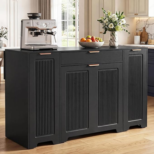 YITAHOME Expandable Kitchen Island with Hidden Trash Cabinet, 55.1" Rolling Kitchen Island with Drop Leaf, Storage Drawer & 3-Tier Side Shelves, Mobile Kitchen Island on Wheels with Towel Bar & Hooks