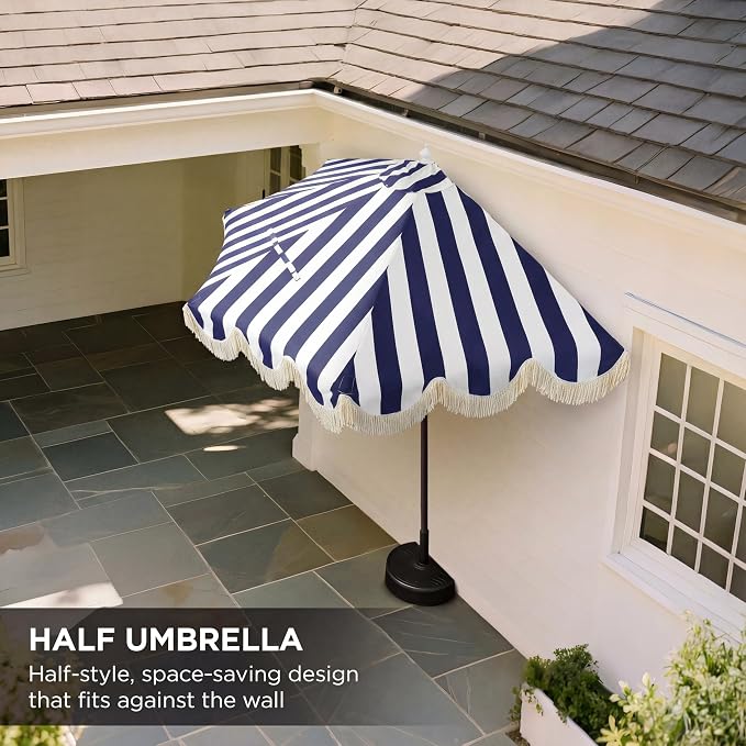 JONATHAN Y Beverly 9 ft. Striped Half Umbrella, Navy/White | Coastal Scalloped Fringe, Crank Lift, 30 Degree Manual Tilt, UV 50 Fabric Canopy, Aluminum Frame, Space Saving Design