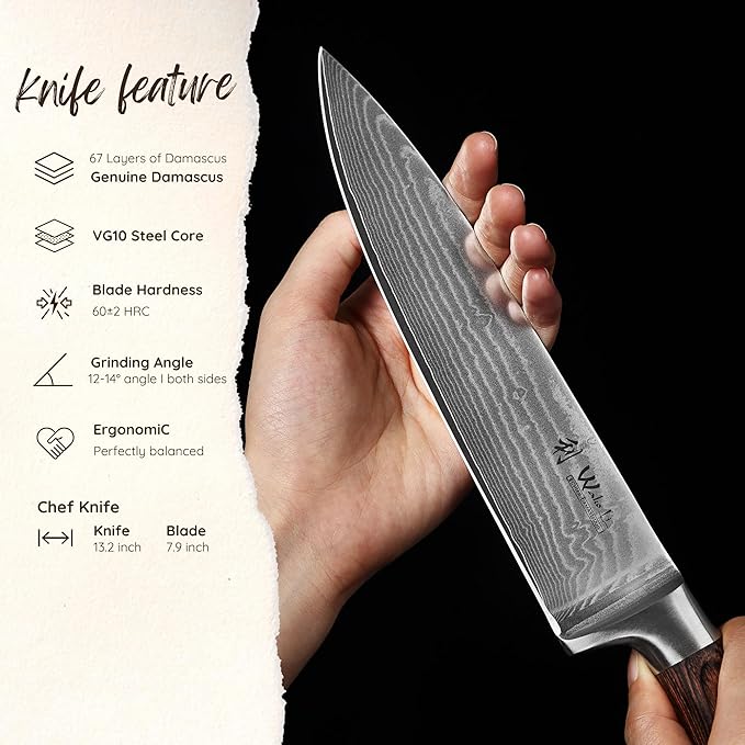 Wakoli EDIB Damascus Chef Knife – 7.9-Inch Japanese-Style Kitchen Knife, 67-Layer Damascus Steel Blade with VG10 Core, Ergonomic Pakkawood Handle – Professional Cooking Knife in Elegant Gift Box