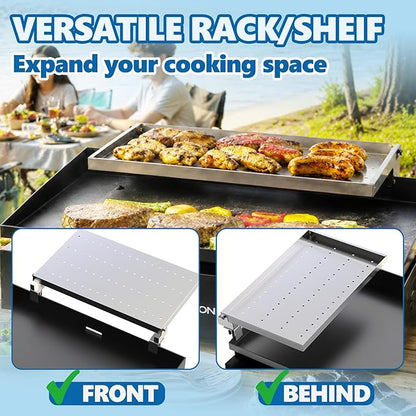 SafBbcue Griddle Warming Rack for Blackstone 17"/22" Griddles, Reversible Warming Rack/Shelf for Blackstone Flat Top Griddle Accessories to Expand Cooking Space, Universal Stainless Steel, 1 Pack
