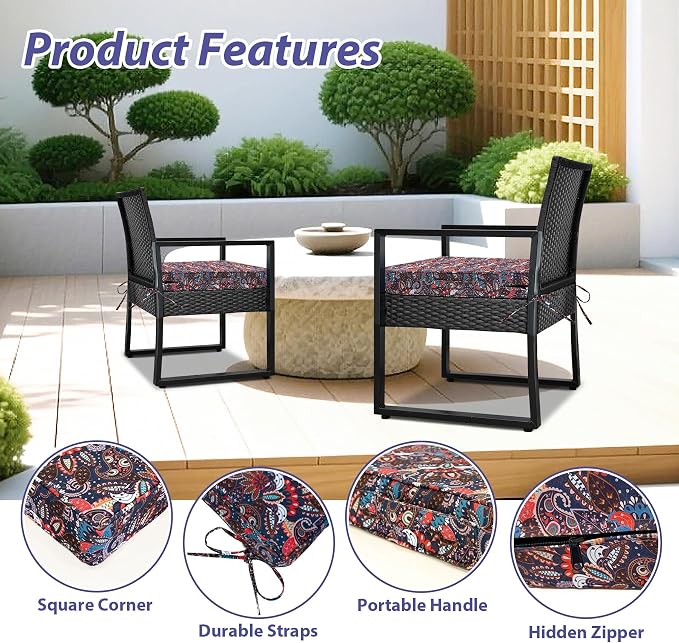 IPYNBAP Outdoor Chair Cushions Set of 4 -Waterproof Outdoor Seat Cushions for Patio Furniture, Patio Chair Cushion with Handle and Ties, Out Door Chair Pads,19x19x3-Square, Artistic Floral