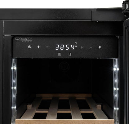 KoolMore Reserve 24 in. French Door Dual Zone Panel Ready Under-Counter Cooler with Wooden Shelves and 20 Bottle Capacity in the Right Zone and 2.1 Cu. Ft. on the Left in Black (KM-CWB24-WPR)
