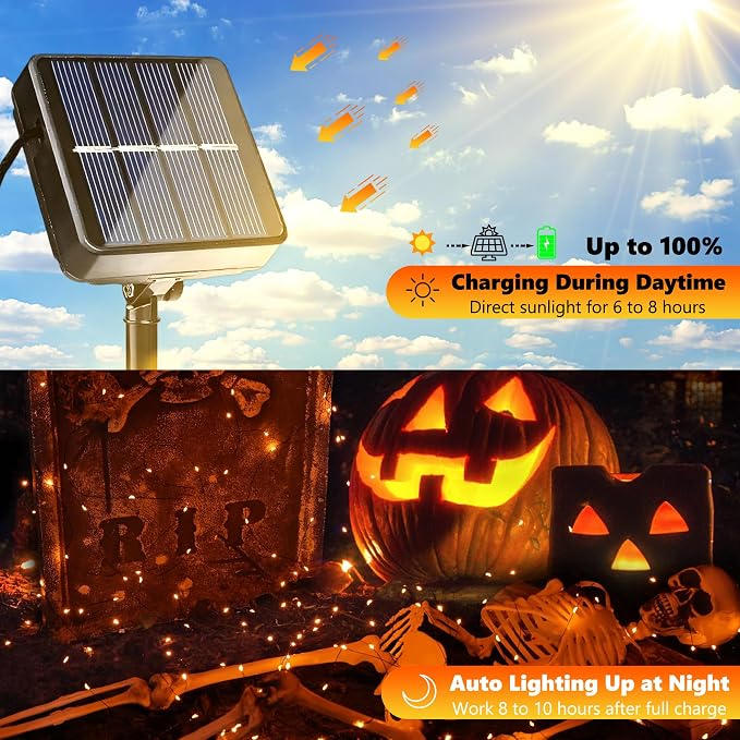Joomer Orange Halloween Solar String Lights - 2 Pack Total 80FT 240LED | Solar Fairy Lights, Waterproof Outdoor Twinkle Lights with 8 Modes for Garden, Porch, Trees, Halloween Decor (Black Wire)