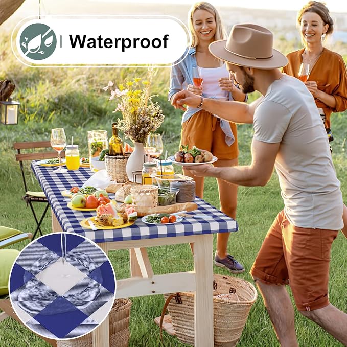 Buffalo Rectangle Picnic Tablecloth, 6 Foot Elastic Fitted Vinyl Table Cloth with Flannel Backing, Waterproof Plaid Table Covers for Dining, Camping, Outdoor (Navy and White, 30" x 72")