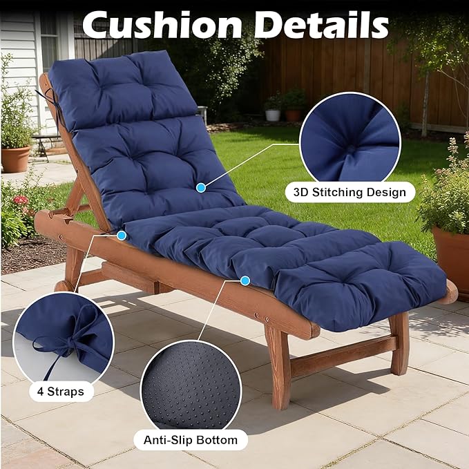 Chaise Lounge Cushions Outdoor, Waterproof & Fade Resistant Patio Lounge Chair Cushions for Outdoor Furniture, Chaise Cushion with Ties for Patio, Pool, Lawn and Beach, 75.1x22.8x4.7 Inch, Navy Blue