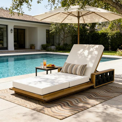 Merax Patio Chaise Lounge with 4-Position Adjustable Backrest, Acacia Wood Outdoor Sunbathing Recliner Chair & 4" Thick Triple-fold Cushion for Poolside, Garden, Backyard, Patio, Beige
