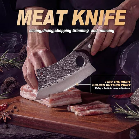 Butcher Knife, Hand Forged Serbian Chef Knife & Meat Cleaver & Viking Knife, Food Cutting Kitchen Knife for Home, Outdoor Cooking, Camping BBQ Gift for Men