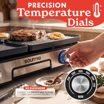 Gourmia 3-in-1 Indoor Grill & Griddle Electric Combo – Dual Independent Cooking Zones, Reversible Nonstick Ceramic Plates, XL Cooking Surface, 250–400°F Adjustable Temp, Dishwasher Safe
