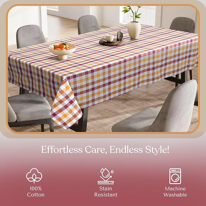 Gingham Check Tablecloth 60x102 Inch, 100% Cotton, Reusable Dining Table Cover for Rustic Decor, Parties, Gatherings, Weddings - Burgundy Wine, Brown, Mustard Yellow, Natural