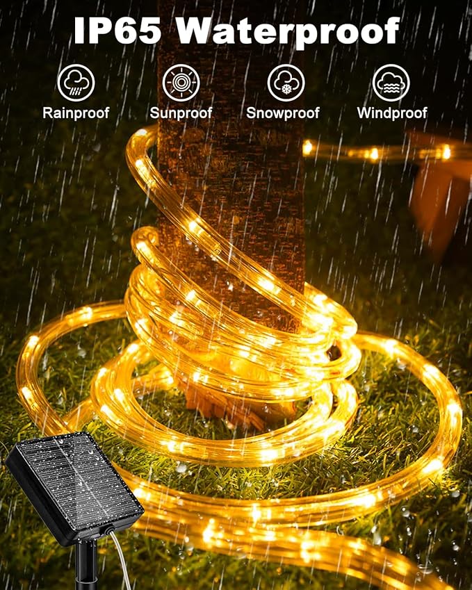 btfarm 2 Pack Solar Rope Lights Outdoor, Total 92FT 240LED Solar String Lights Outside Waterproof, 8 Lighting Mode Solar Powered Trampoline Light for Garden Tree Christmas Yard Party Decor, Warm White