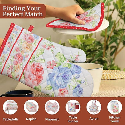 Maison d' Hermine Pot Holders 100% Cotton Heat Resistant Potholders 8" x 8" Hot Pads with Loop BBQ Cooking Baking Hotel Farmhouse Kitchen Handling Hot Pans Spring Summer (Pack of 2, Vintage Floral)