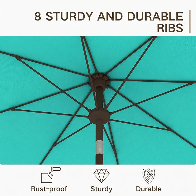 Kingdura 9FT Outdoor Patio Umbrella, Round Market Table Umbrella with Push‑Button Tilt and Crank Lift, 8 Sturdy Metal Ribs, UV50+ Protection Canopy for Backyard, Lawn, Deck, Poolside, Garden (Tiffany blue)