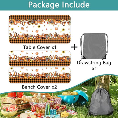 Fall Picnic Table Cover with Bench Covers, Camping Essentials, Thanksgiving Buffalo Plaid Floral Waterproof Windproof, Fitted Tablecloth Cover with Elastic Edge, Indoor & Outdoor, 3 PCS, 30x96 Inch