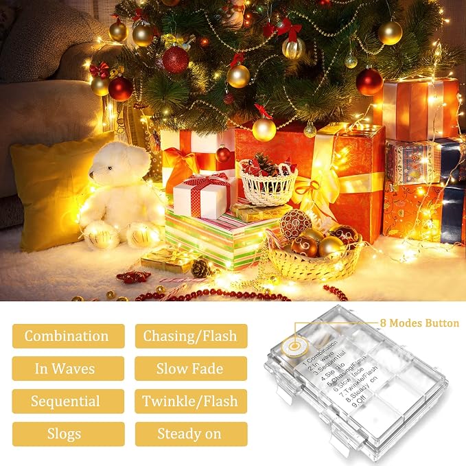 JMEXSUSS 33ft 100 LED Warm White Christmas Lights Outdoor, Battery Power String Lights Waterproof, Twinkle Fairy Mini Lights with 8 Modes Remote Indoor (Pack of 2)