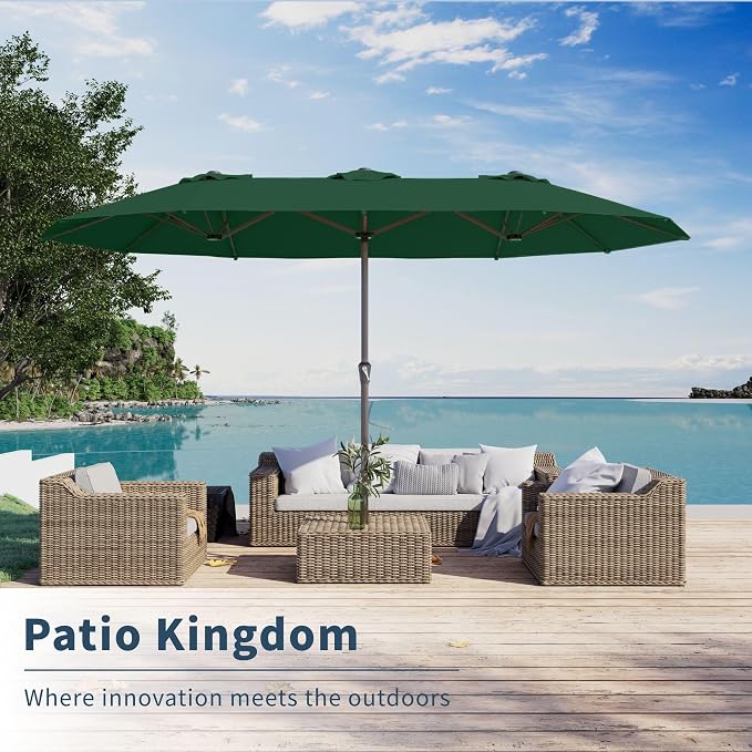 PatioKingdom 15FT Large Patio Umbrella with Base, Double Sided Rectangular Outdoor Umbrella with Sturdy Fiberglass Ribs, Market Umbrella for Pool,Garden,Backyard,Deck (Dark green, 15FT)