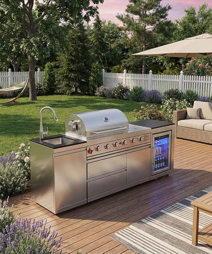 BBQ Outdoor Kitchen Island Grill Barbecue Modular Patio Kitchens Kits with Electric Rotisserie, Sink, fridge, and Burner for More than 10 People (Silver 85'')