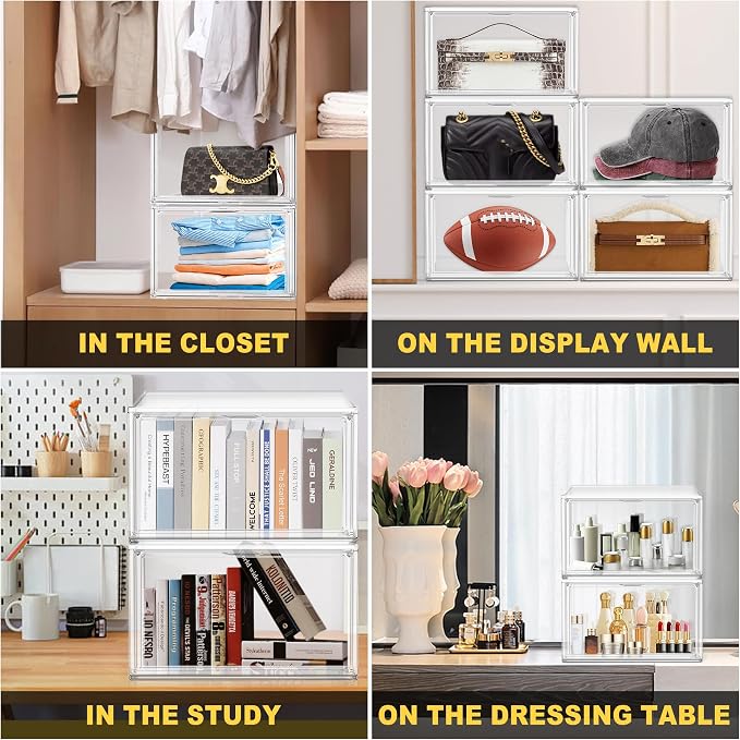 12 Pack Clear Shoe Boxes Plastic Stackable ‌Shoe Cabinet‌ with Acrylic Magnetic Lids Drop Side Sneaker Display Case for Closet, Entryway, Fits Men's or Women's Shoes up to Size 12.5