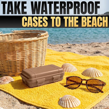 2 Pcs Small Waterproof Box Set, 4.92x2.95x1.53", (Black & Khaki) | Geocache Containers; Durable Plastic Shell, Foam Insert, Tether Loops; for Hiking, Travel, Camping, and Fishing Gear