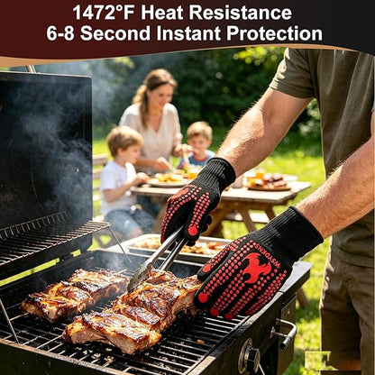 BBQ Gloves Heat Resistant 1472°F, Long Cuff Aramid Fiber Oven Mitts with Non-Slip Silicone, Grilling Gifts for Men, Dad, Husband, Smoker and Kitchen Cooking, Black/Red