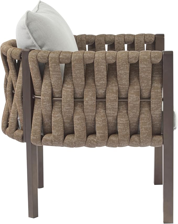 Christopher Knight Home Lena Patio Club Chairs Set of 2, Metal Accent Chairs, Rope Woven Backrest Armchair, Upholstered Cushions Seating, Tub Back Design for Backyard Garden, Brown+Light Gray