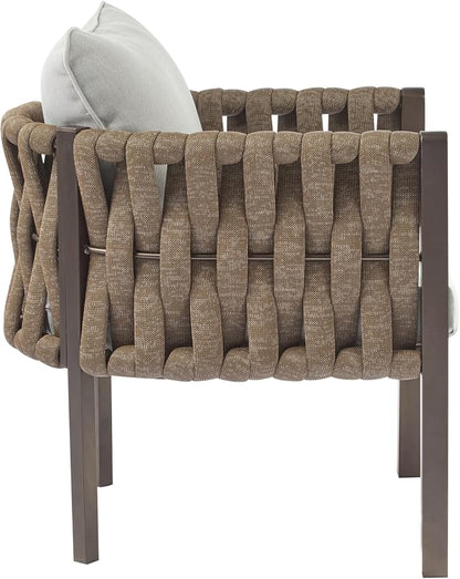 Christopher Knight Home Lena Patio Club Chairs Set of 2, Metal Accent Chairs, Rope Woven Backrest Armchair, Upholstered Cushions Seating, Tub Back Design for Backyard Garden, Brown+Light Gray