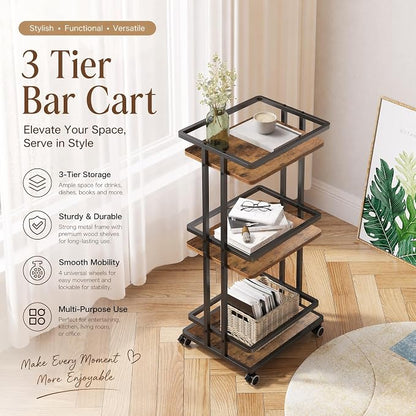 3-Tier Bar Cart with Wheels & Storage Shelves for Home Kitchen | Beverage Serving Cart, Doubles as Coffee Bar Cabinet, Sturdy 3-Tier Frame, Smooth Rolling Wheels, Ideal for Home