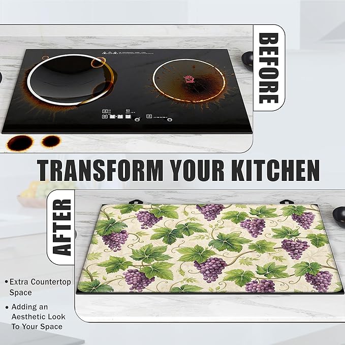 Stove Top Covers for Electric Stove,Purple Grape Flat Top Stove Cover,Watercolor Summer Fruit Heat Resistant Glass Top Stove Cover Protector Anti-Slip Range Covers, 28 x 20 Inch