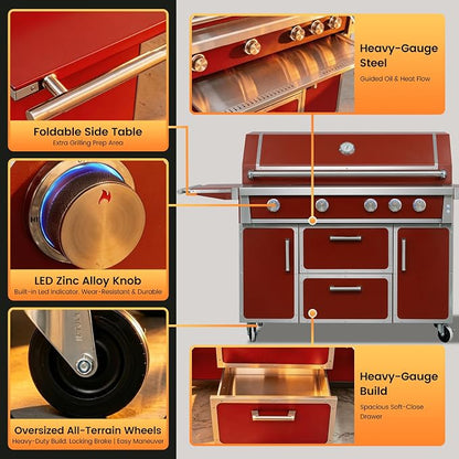 49" Stainless Steel Propane Gas Grill, 4 Burners & Infrared Burner, Red | 304 stainless steel 99,000 BTU Dual-lined hood Easy ignition Warming rack Storage drawers Gliding wheels