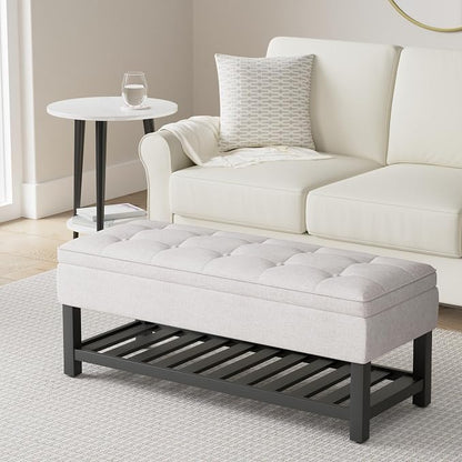SIMPLIHOME Cosmopolitan Storage Ottoman Bench - 44 inch Wide Upholstered Linen Look Fabric Rectangle Storage Ottoman in Cloud Grey, Transitional Bench for Bedroom with Tufted Lift-Top and Open Shelf